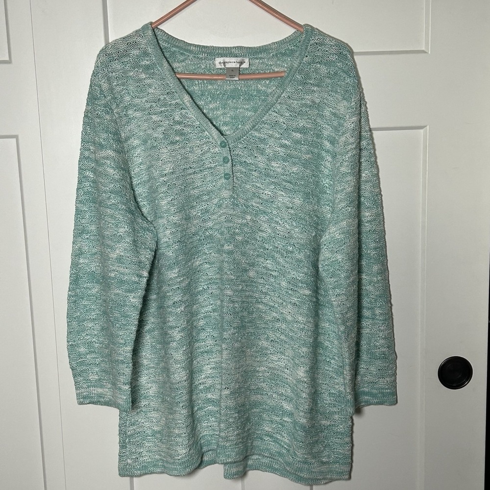 Christopher & Banks 3/4 Sleeve Aqua/White Cotton V-neck Sweater - Women's XL